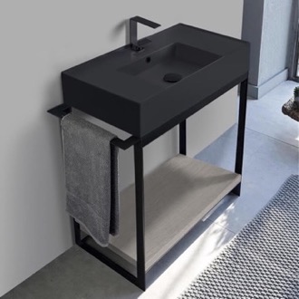 Console Bathroom Vanity Console Sink Vanity With Matte Black Ceramic Sink and Grey Oak Shelf, 35